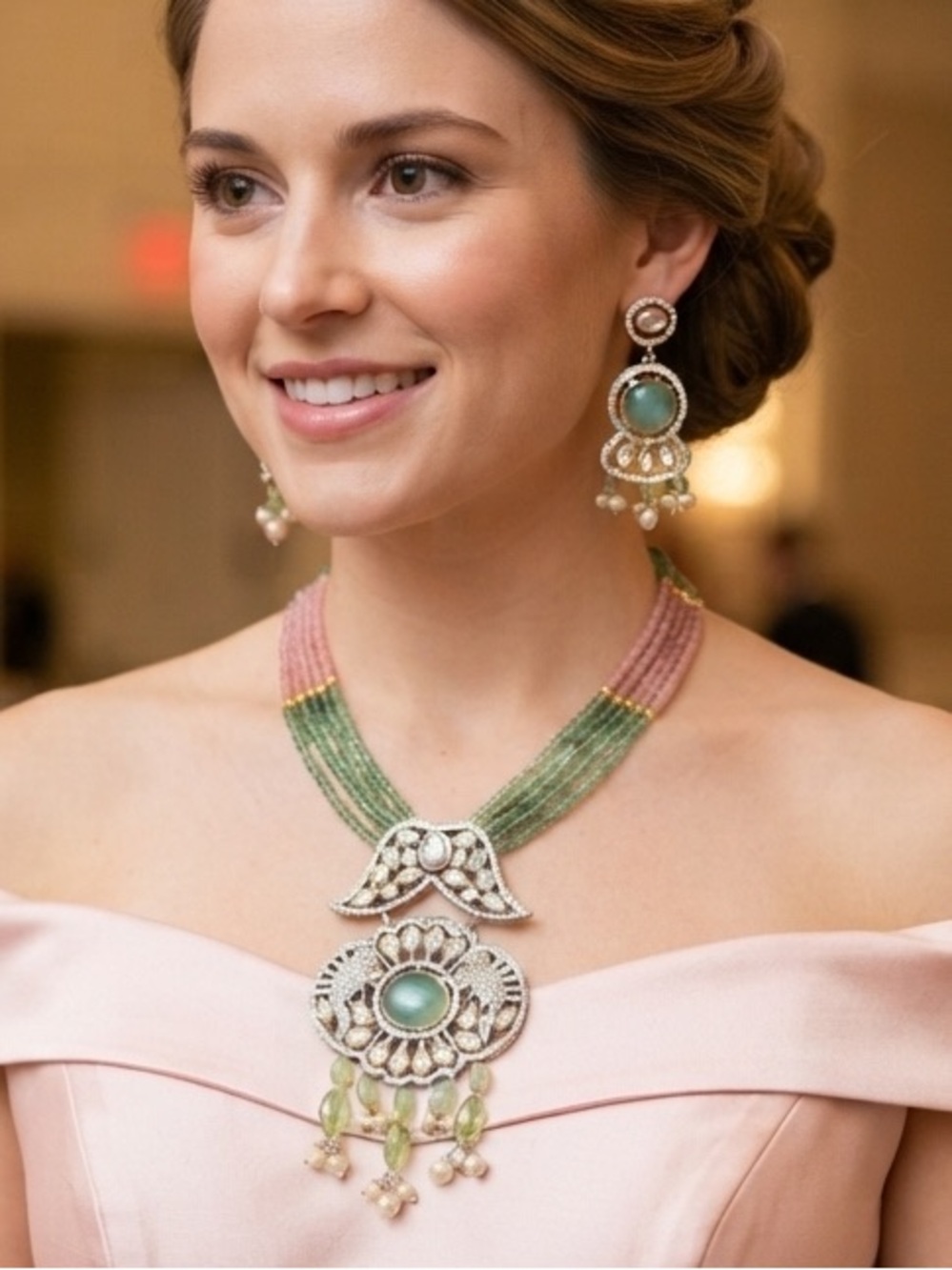 Pink and Green Beaded Statement Necklace with Silver-Tone Pendant